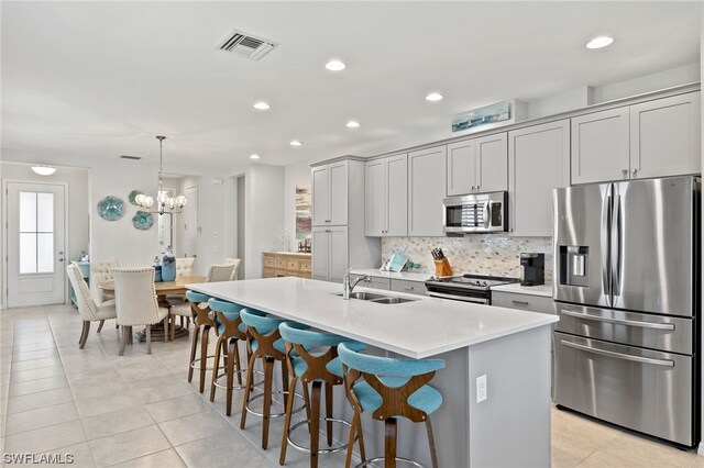 kitchen featuring a center island with sink, sink, hanging light fixtures, gray cabinets, and stainless steel appliances