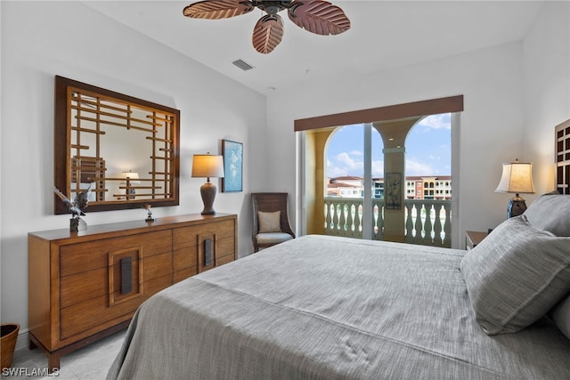 bedroom with light tile flooring and ceiling fan