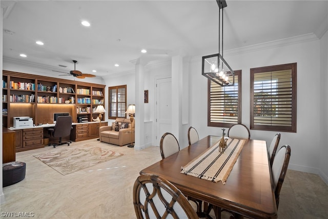 dining area featuring light tile flooring, plenty of natural light, and ceiling fan with notable chandelier