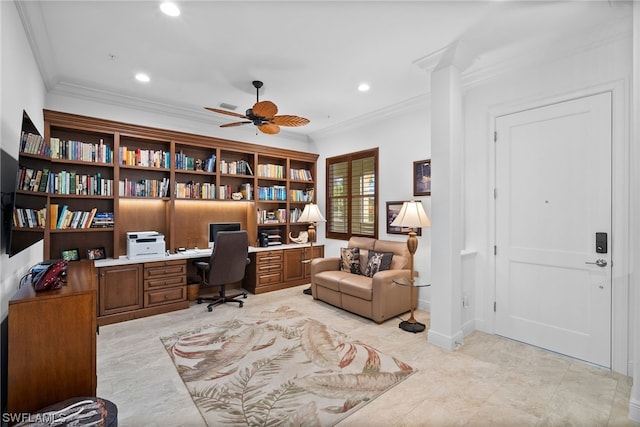 office area with light tile floors, ceiling fan, and crown molding