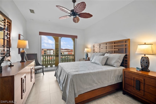 tiled bedroom featuring access to exterior and ceiling fan