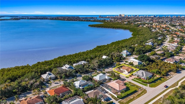 bird's eye view with a water view