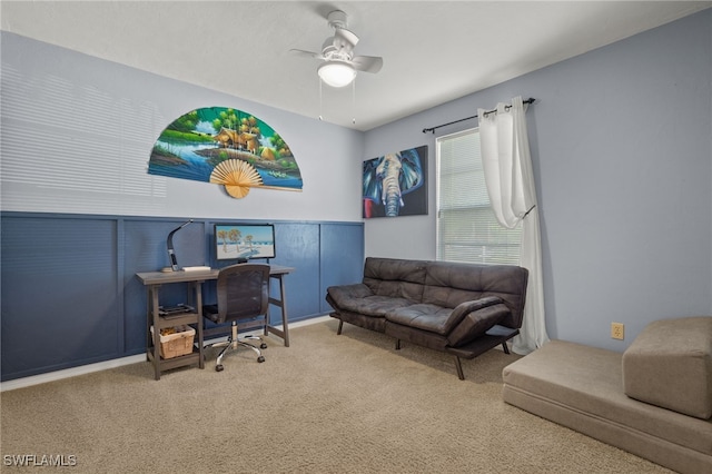 office space with carpet flooring and ceiling fan