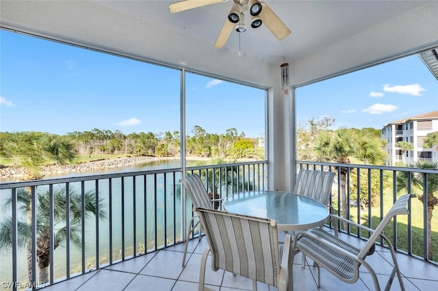 balcony featuring a water view and ceiling fan