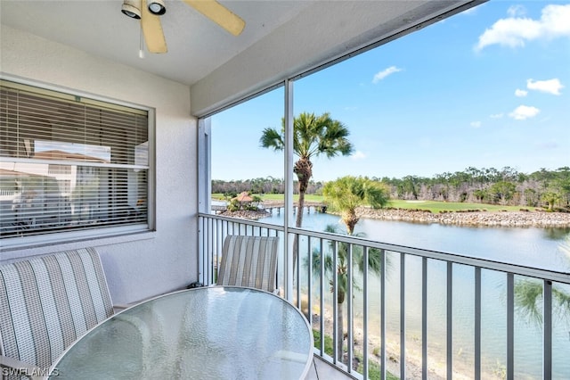 balcony featuring ceiling fan and a water view