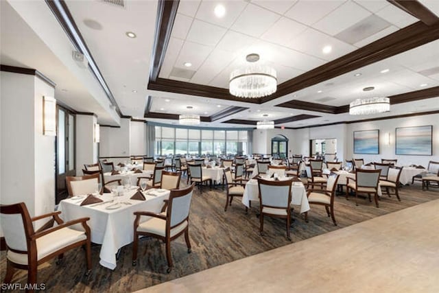 interior space with coffered ceiling, dark hardwood / wood-style flooring, and an inviting chandelier