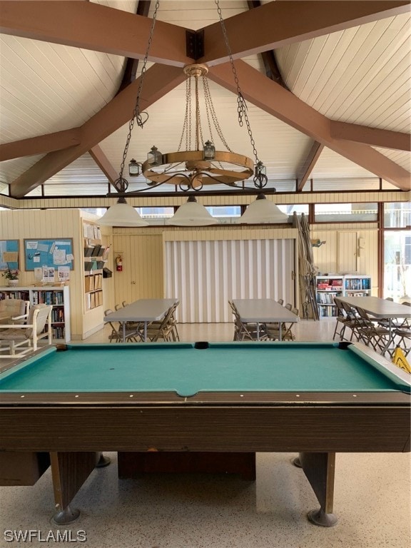 rec room featuring billiards and lofted ceiling with beams