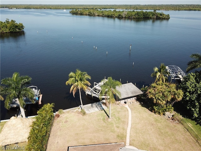 drone / aerial view with a water view