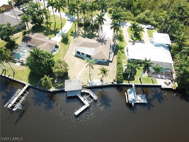 bird's eye view with a water view