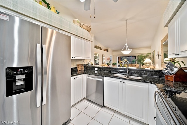 kitchen with stainless steel appliances, light tile flooring, ceiling fan, white cabinets, and sink