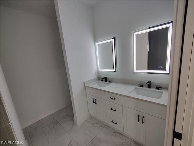 bathroom with tile floors and dual vanity