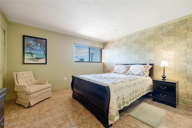 bedroom featuring tile walls, crown molding, and tile patterned flooring