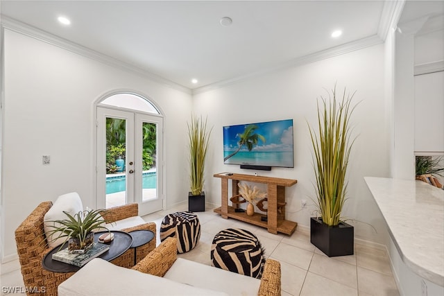 tiled living room featuring crown molding and french doors