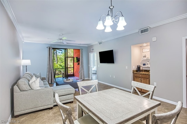 tiled dining area with crown molding and ceiling fan with notable chandelier