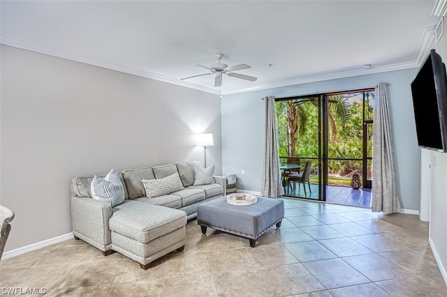 tiled living room with ceiling fan and crown molding