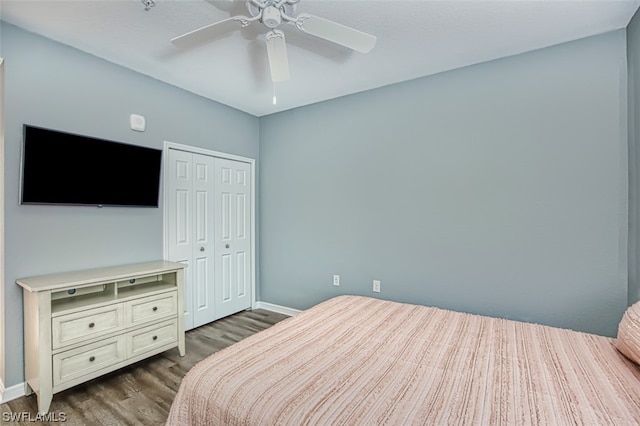 bedroom with a closet, ceiling fan, and dark wood-type flooring