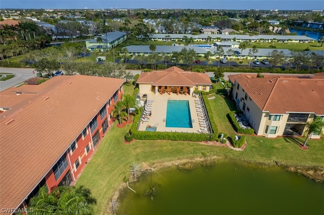 drone / aerial view with a water view