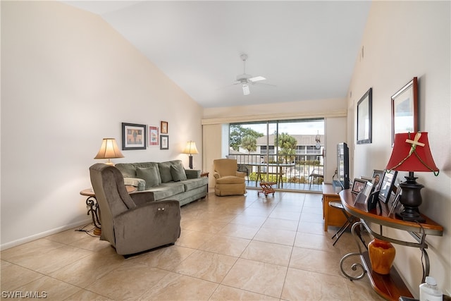 living room featuring light tile floors, high vaulted ceiling, and ceiling fan