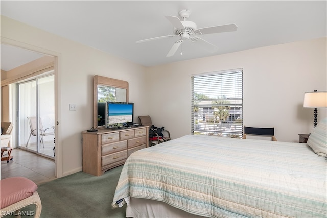 carpeted bedroom featuring access to outside and ceiling fan