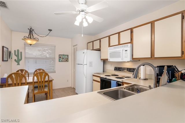 kitchen featuring decorative light fixtures, white cabinetry, ceiling fan, white appliances, and light tile floors