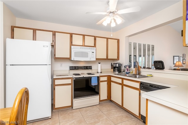 kitchen featuring light tile flooring, white appliances, ceiling fan, and sink