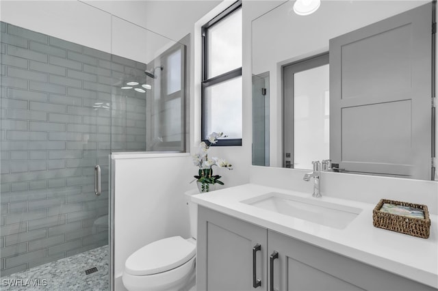 bathroom featuring vanity, toilet, and walk in shower