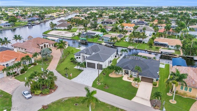 bird's eye view with a water view