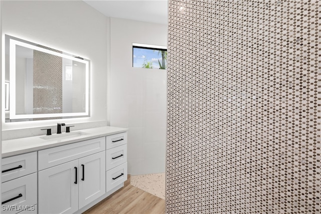 bathroom with vanity and hardwood / wood-style flooring