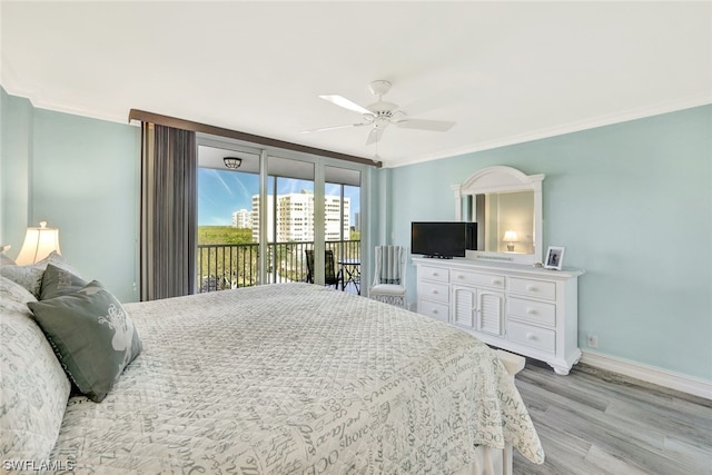 bedroom featuring ornamental molding, access to exterior, ceiling fan, and light wood-type flooring