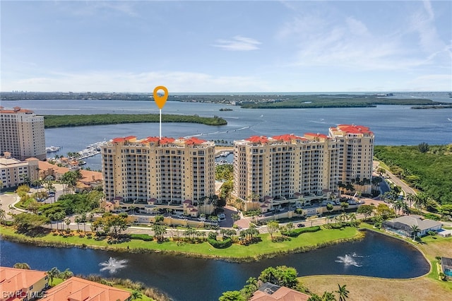 drone / aerial view with a water view