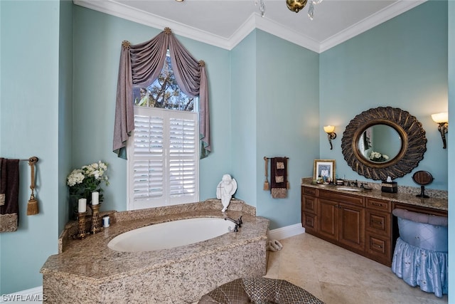 bathroom featuring a bath, vanity, tile flooring, and ornamental molding