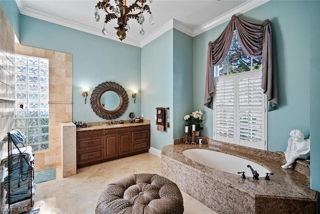 bathroom featuring a relaxing tiled bath, ornamental molding, tile floors, and vanity