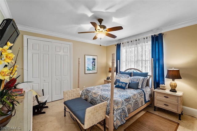 bedroom featuring a closet, ceiling fan, light tile flooring, and ornamental molding