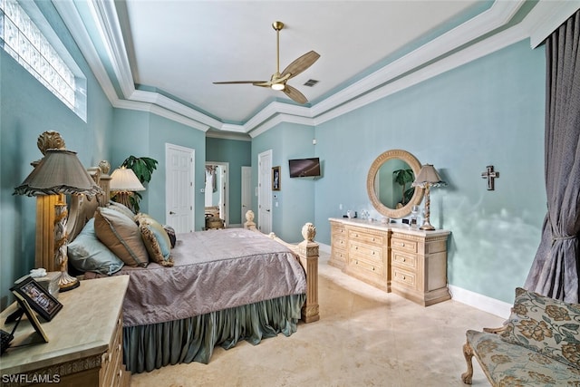 bedroom with a raised ceiling, ceiling fan, and crown molding