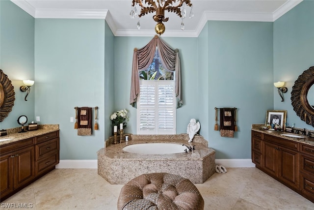 bathroom with a relaxing tiled bath, tile flooring, vanity, and crown molding