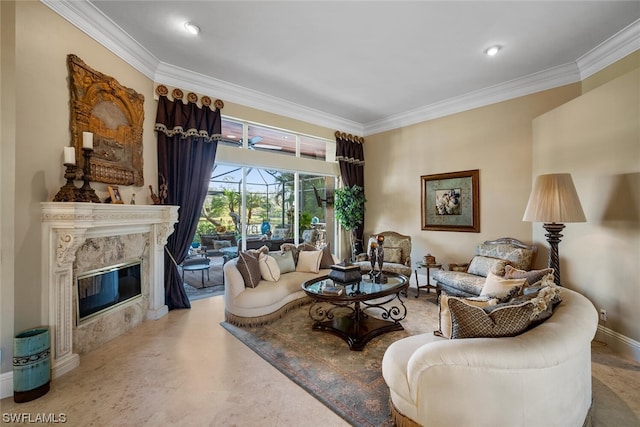 living room featuring ornamental molding and a fireplace