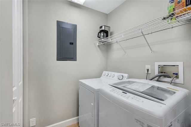 laundry area featuring electric panel and separate washer and dryer