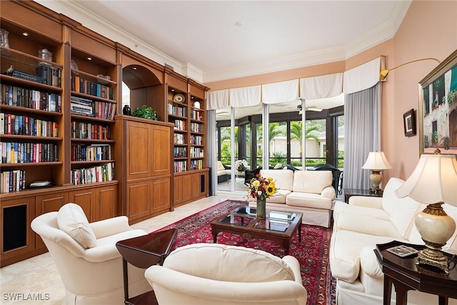 living room with built in features and ornamental molding