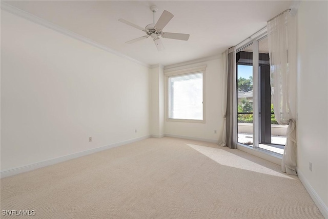 unfurnished room featuring ceiling fan, ornamental molding, and light carpet