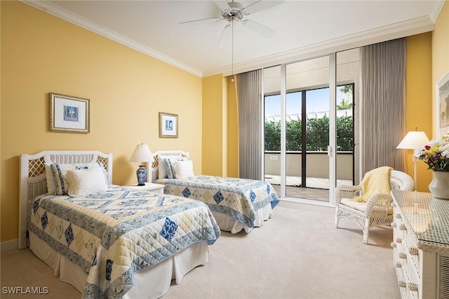 carpeted bedroom featuring ceiling fan, access to exterior, and crown molding