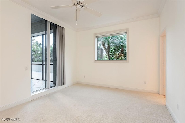 carpeted empty room featuring ceiling fan and crown molding