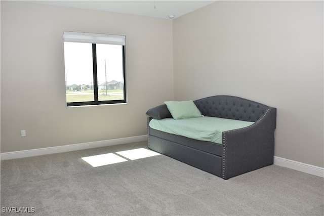 bedroom featuring light carpet