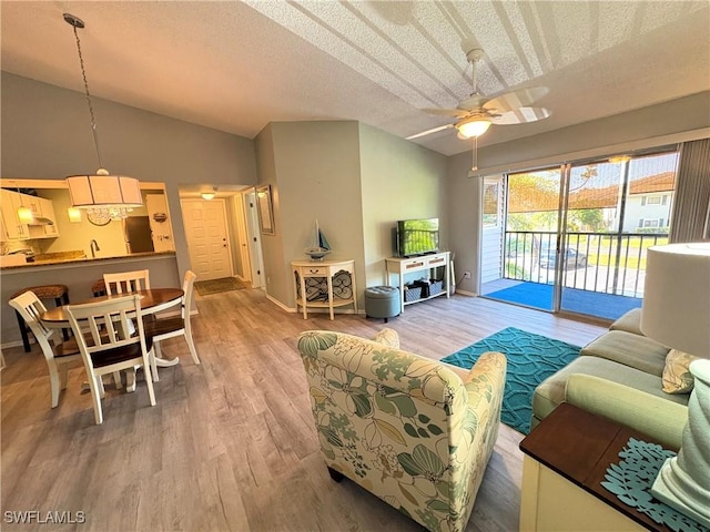 14861 Summerlin Woods Dr Unit 13, Fort Myers, FL 33919 - living room featuring lofted ceiling, wood finished floors, and a textured ceiling