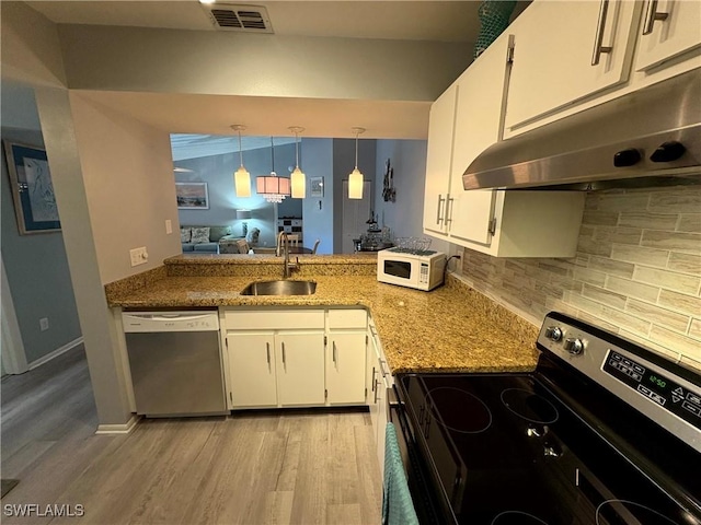 14861 Summerlin Woods Dr Unit 13, Fort Myers, FL 33919 - kitchen featuring tasteful backsplash, visible vents, under cabinet range hood, stainless steel appliances, and a sink