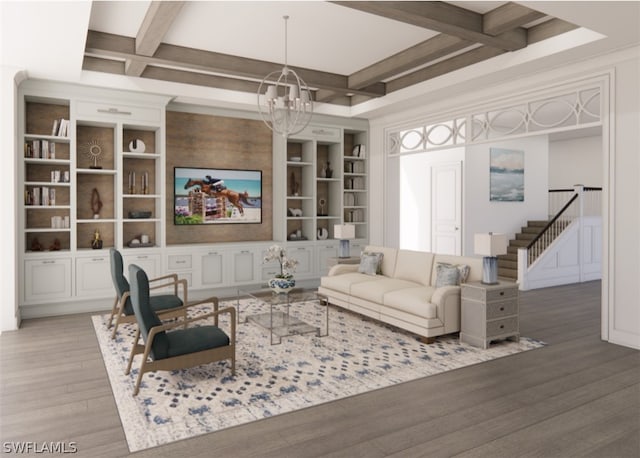 living room featuring wood-type flooring, beamed ceiling, coffered ceiling, built in shelves, and a chandelier