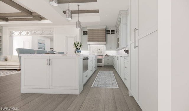 kitchen featuring white cabinets, wall chimney range hood, hanging light fixtures, wall oven, and light wood-type flooring