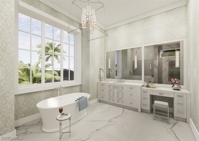 bathroom with vanity, a bathtub, and ornamental molding