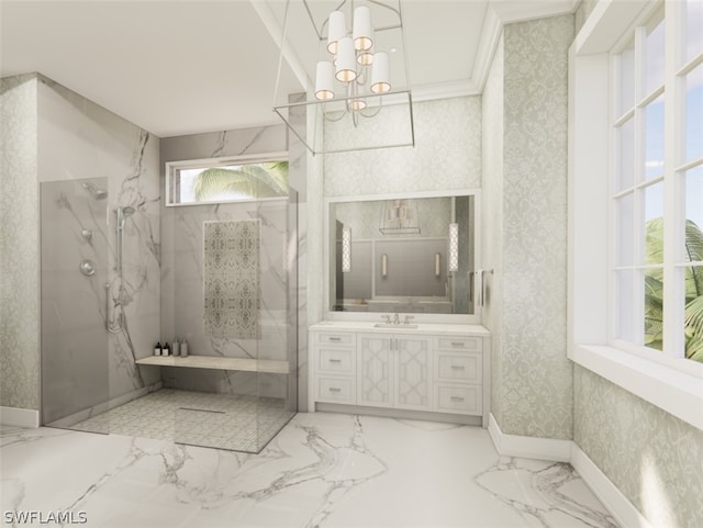 bathroom featuring vanity, a shower with door, and an inviting chandelier