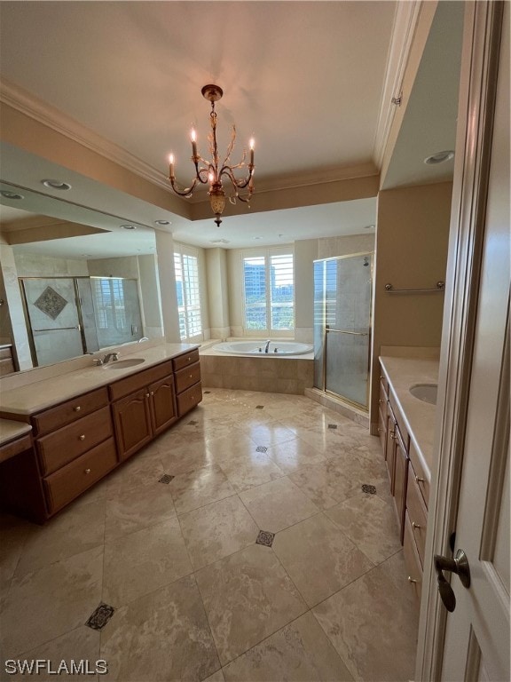 bathroom featuring vanity, a notable chandelier, tile floors, shower with separate bathtub, and crown molding