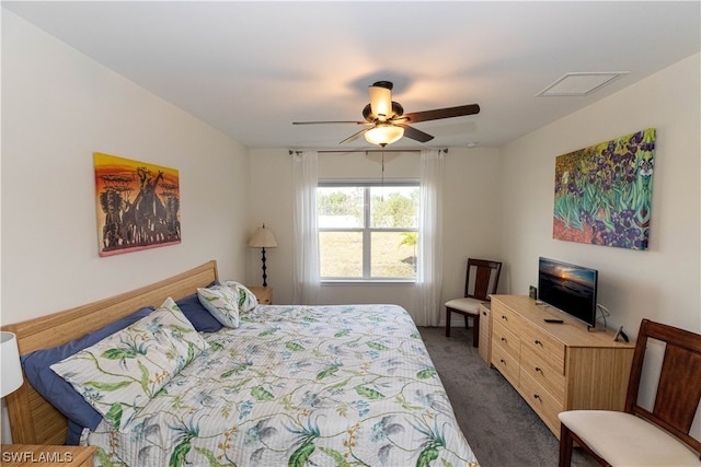 carpeted bedroom with ceiling fan and visible vents